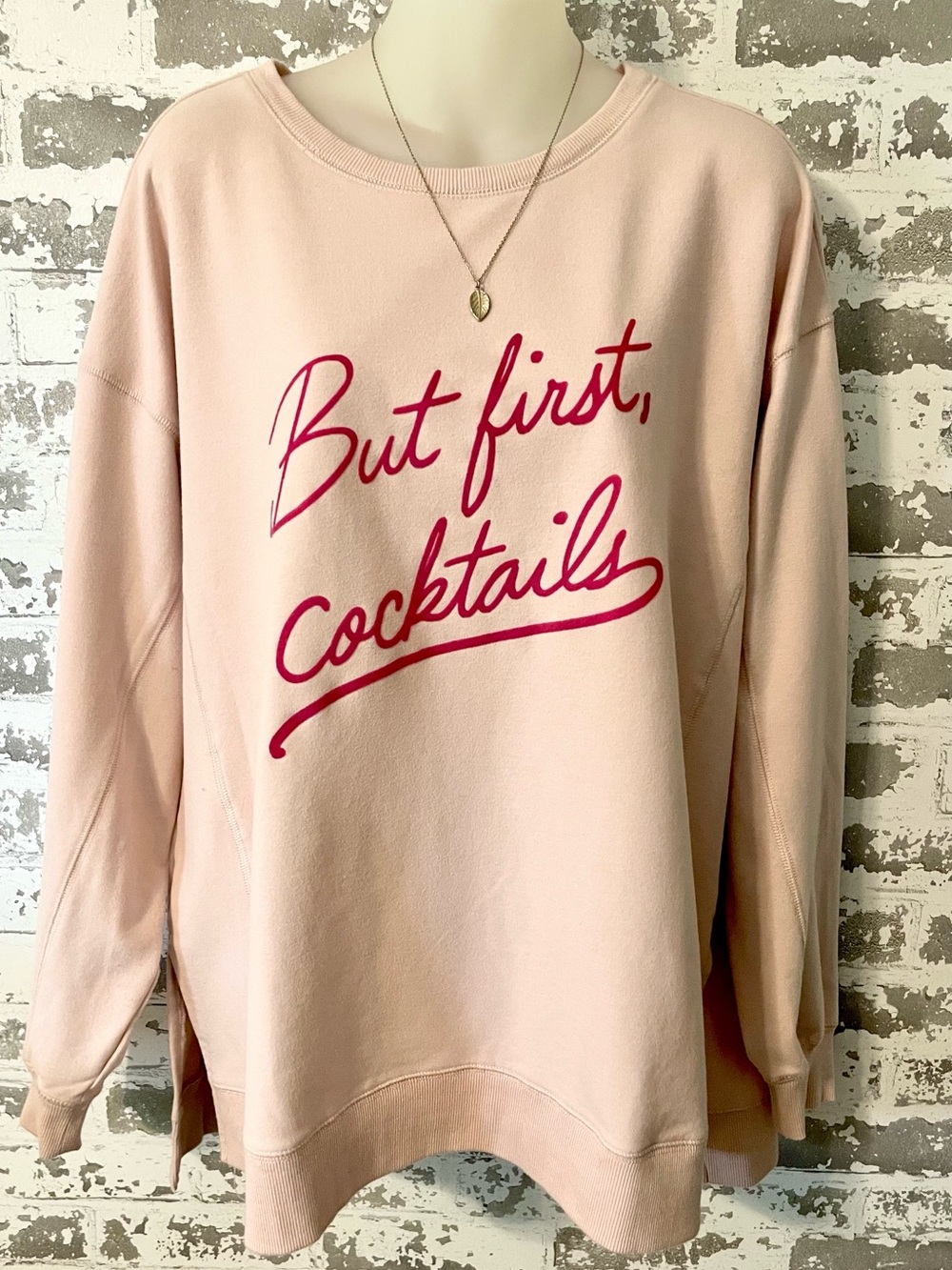 Wildfox But First Cocktails Sweatshirt XL Blush Pink Oversized Lounge Casual